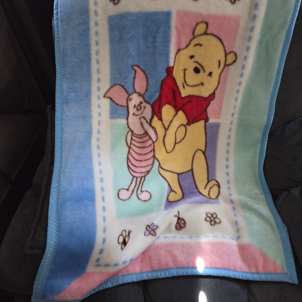 VTG Winnie the Pooh Piglet Bees Colorblock Baby Blanket Throw 30x45 Crown Crafts